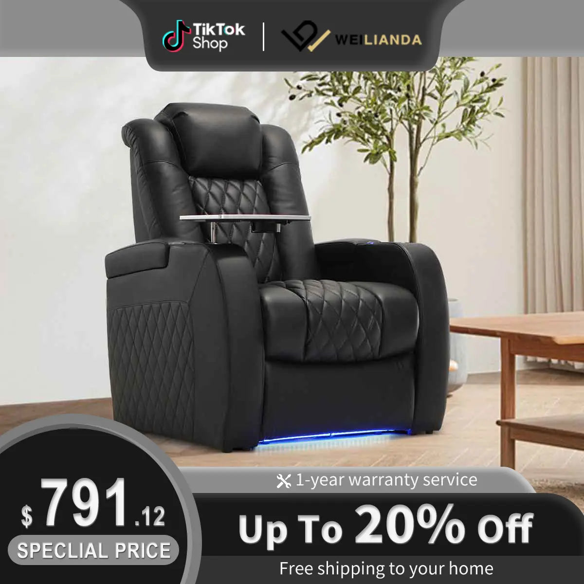 Weilianda Home Theater Seating Luxury Series Top Grain Nappa Leather Recliner Chair Dual Power Movie Gaming Sofa Electric Headrest with Tray Table Type-C USB Charge Cup Holders